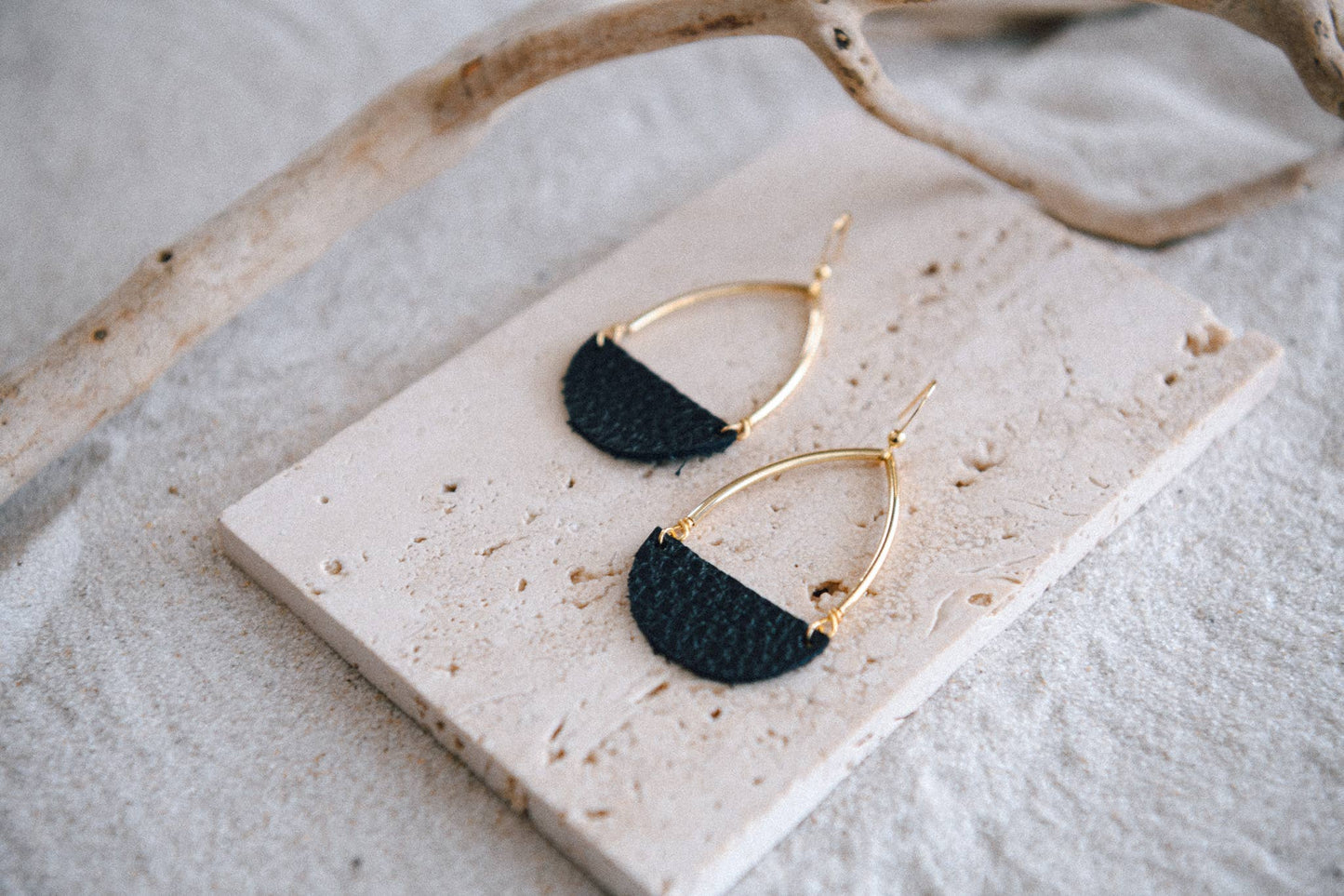 Gold Plated Teardrop and Half Moon Leather Earrings : Black