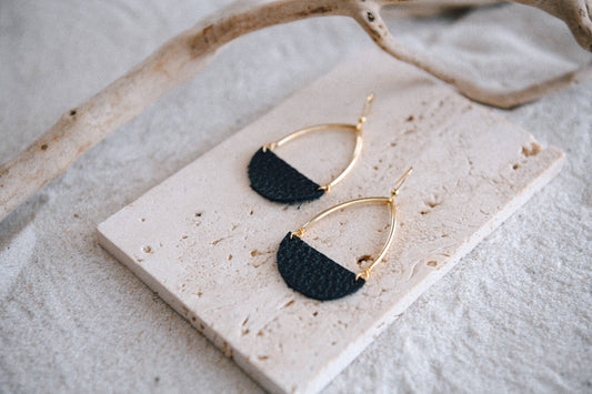 Gold Plated Teardrop and Half Moon Leather Earrings : Black