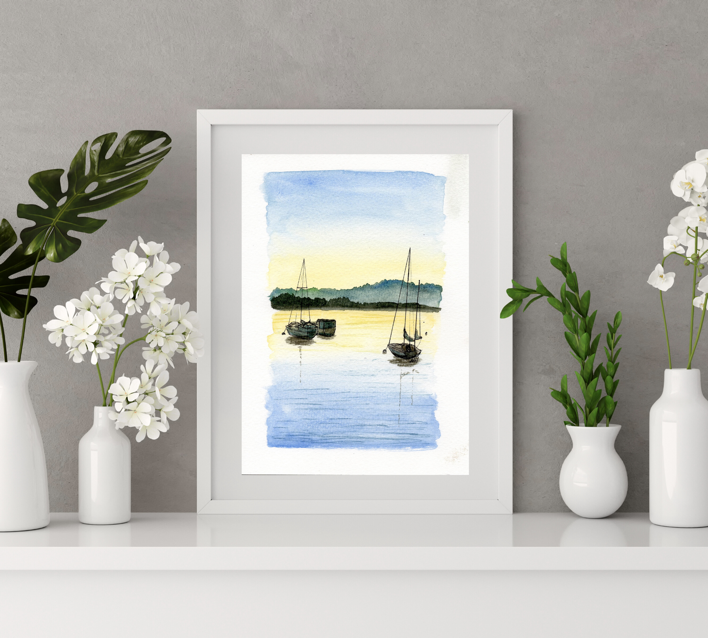 Grand Marais Sailboats Pen and Watercolor Art - Archival Quality Art Print: 8x10 inches