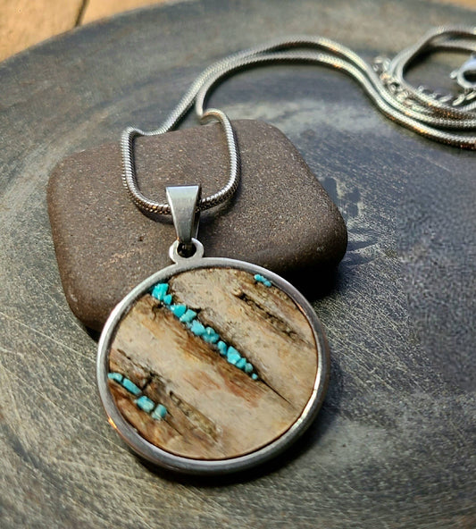 Stainless Steel Turquoise Birch Bark Circle Necklace