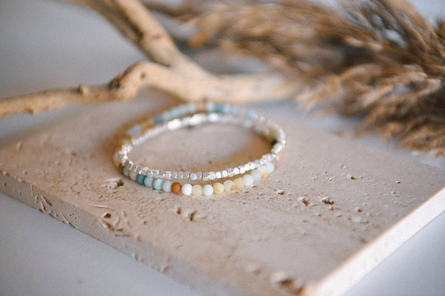 Gemstone Double Wrap Silver Beaded Bracelet: Amazonite