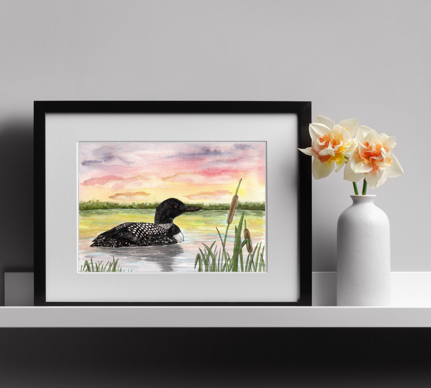 Loon at Sunset - Pen and Watercolor Painting Fine Art Print: 8x10 inches