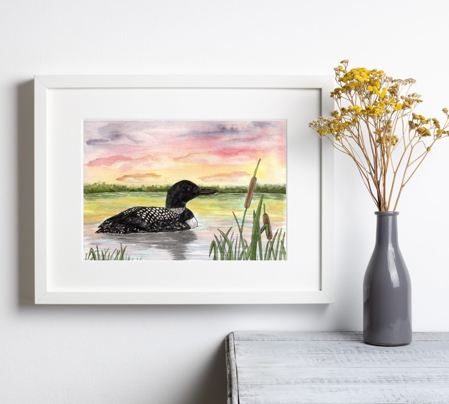 Loon at Sunset - Pen and Watercolor Painting Fine Art Print: 8x10 inches