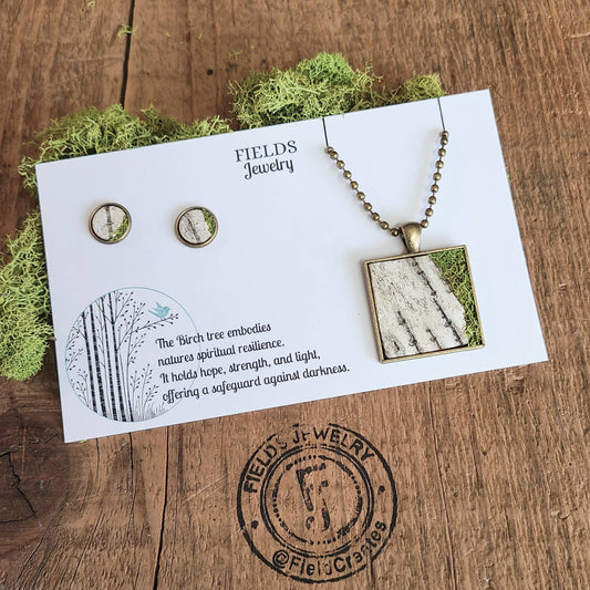 Mossy Birch Bark Square Necklace Earrings Botanical Nature