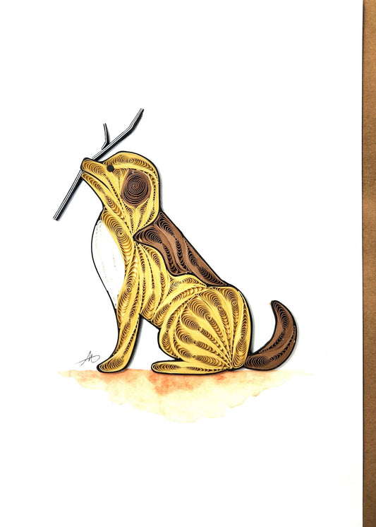 Dog with Stick Quilled Greeting Card