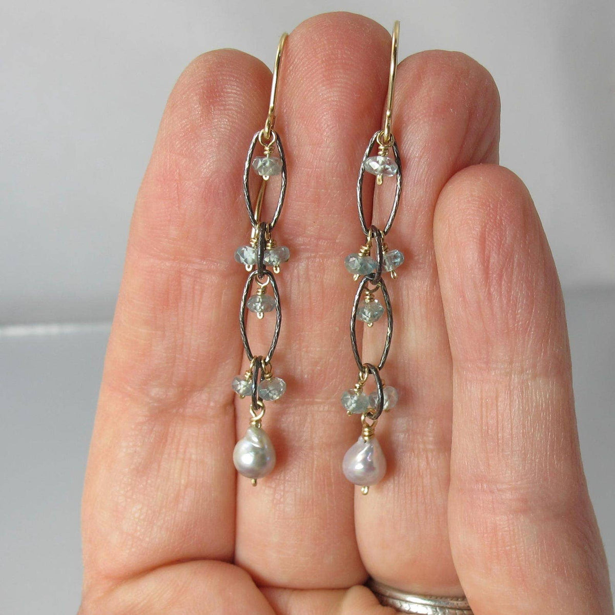 Akoya Pearl & Blue Zircon Mixed Metal Earrings