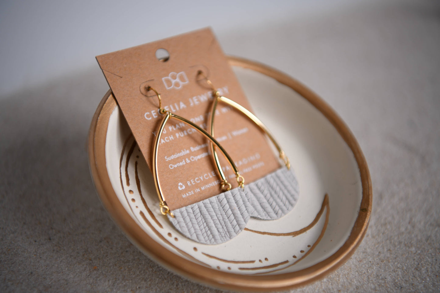 Gold Plated Teardrop and Half Moon Leather Earrings : White