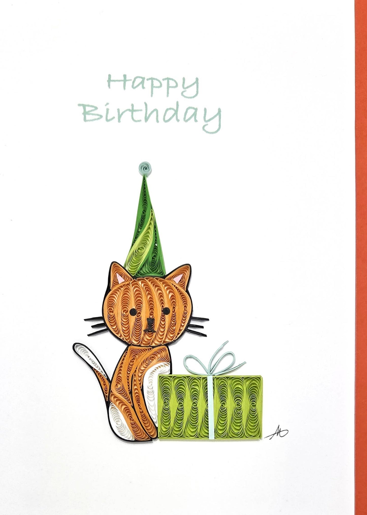 Happy Birthday Cat With Gift Quilled Greeting Card