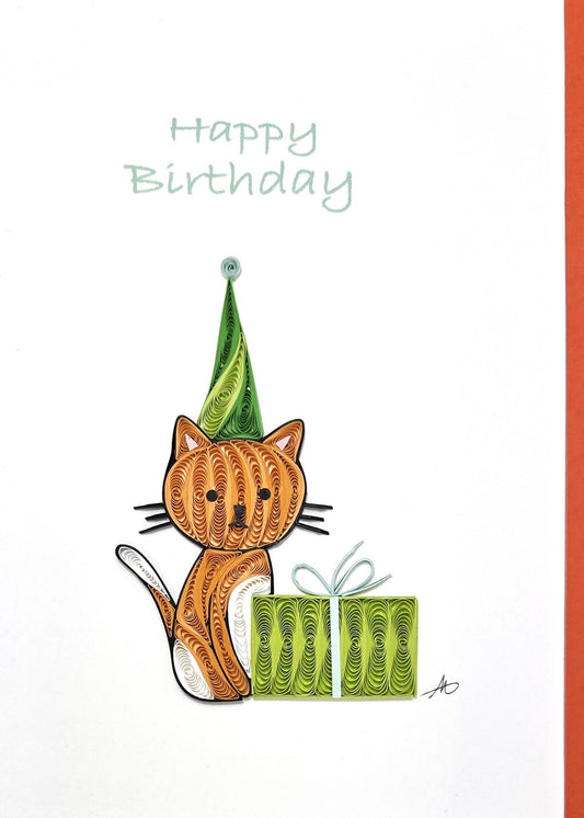 Happy Birthday Cat With Gift Quilled Greeting Card