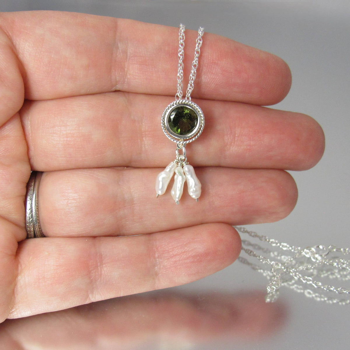 Rare Czech Moldavite & Pearl Sterling Silver Slide Necklace