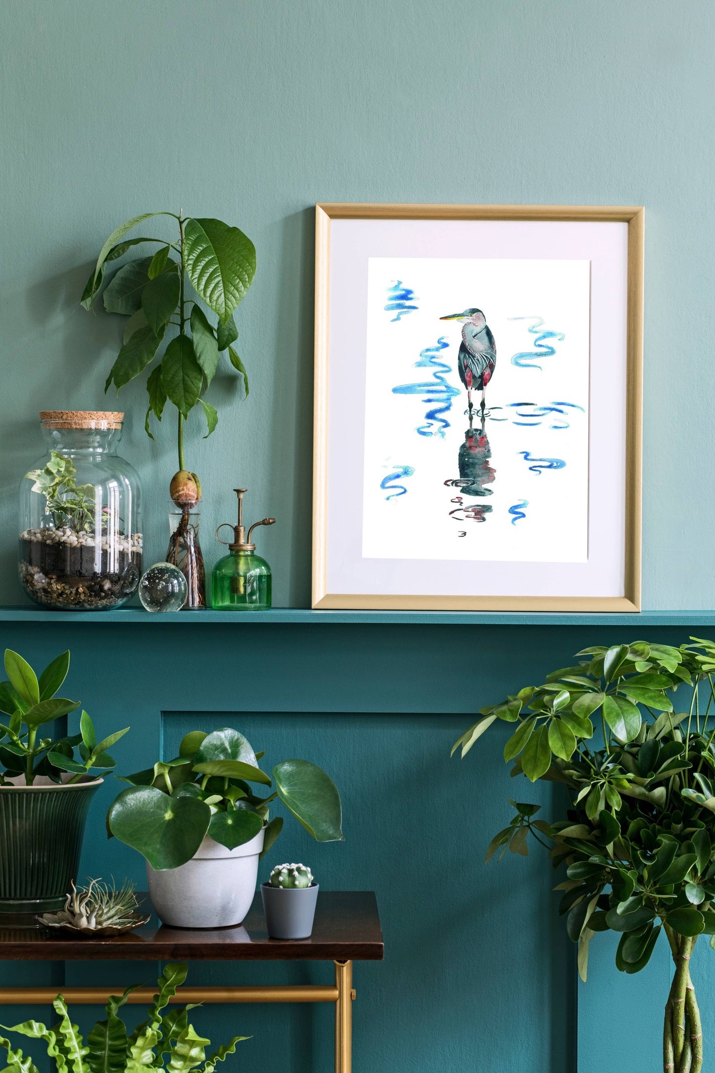 Blue Heron Reflection - Watercolor Art Print: 8x10