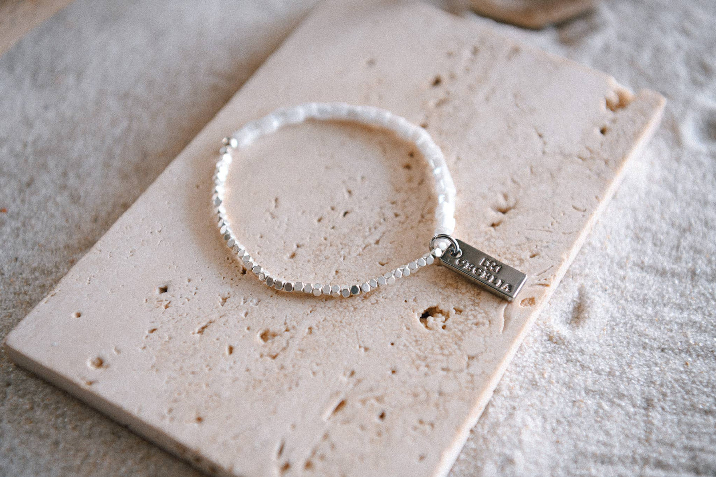 White Square and Silver Faceted Beaded Bracelet