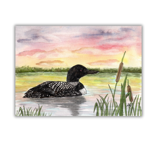 Loon at Sunset - Pen and Watercolor Painting Fine Art Print: 8x10 inches