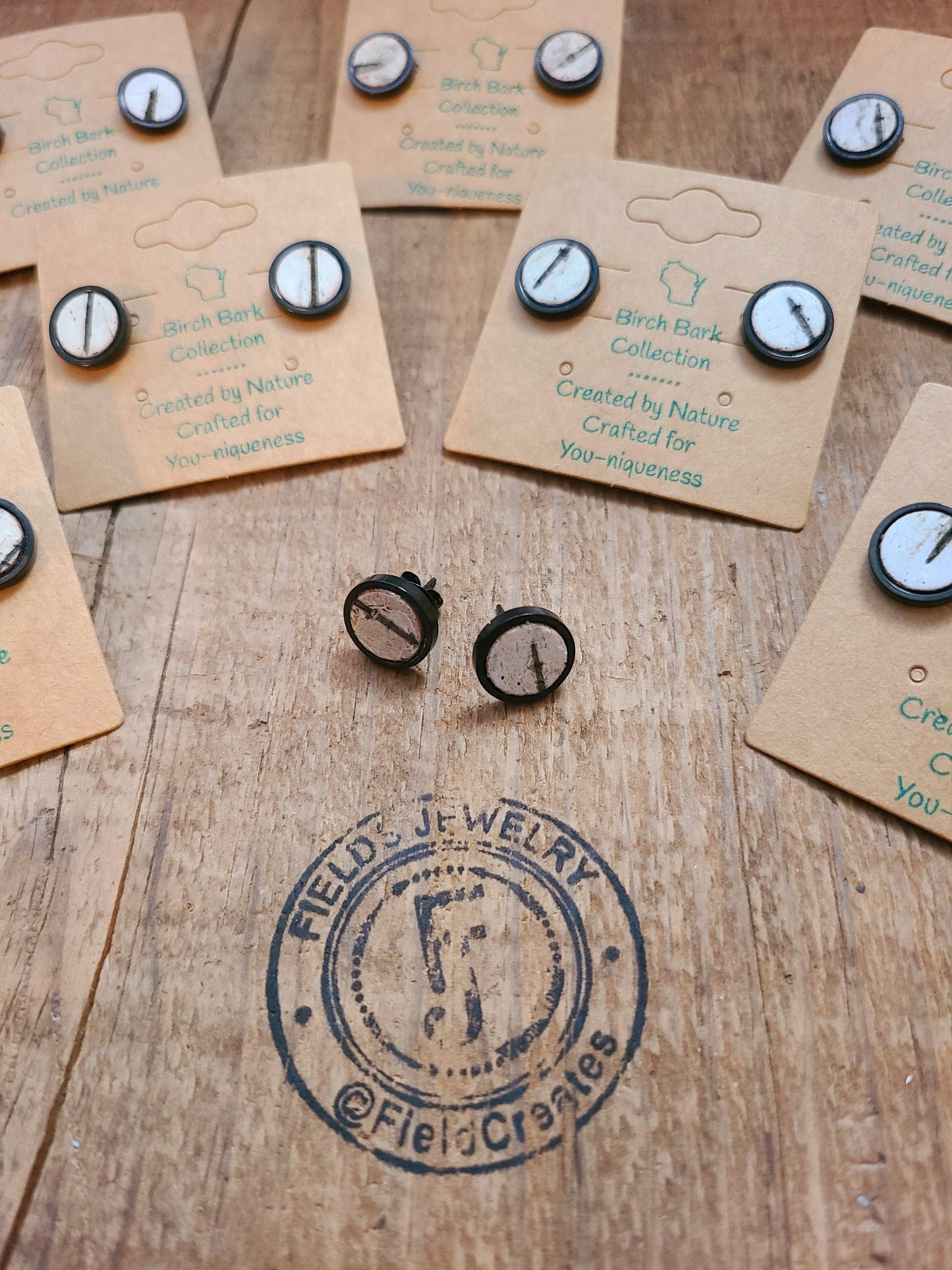 Birch Bark Wood Black Stud Earrings 10mm