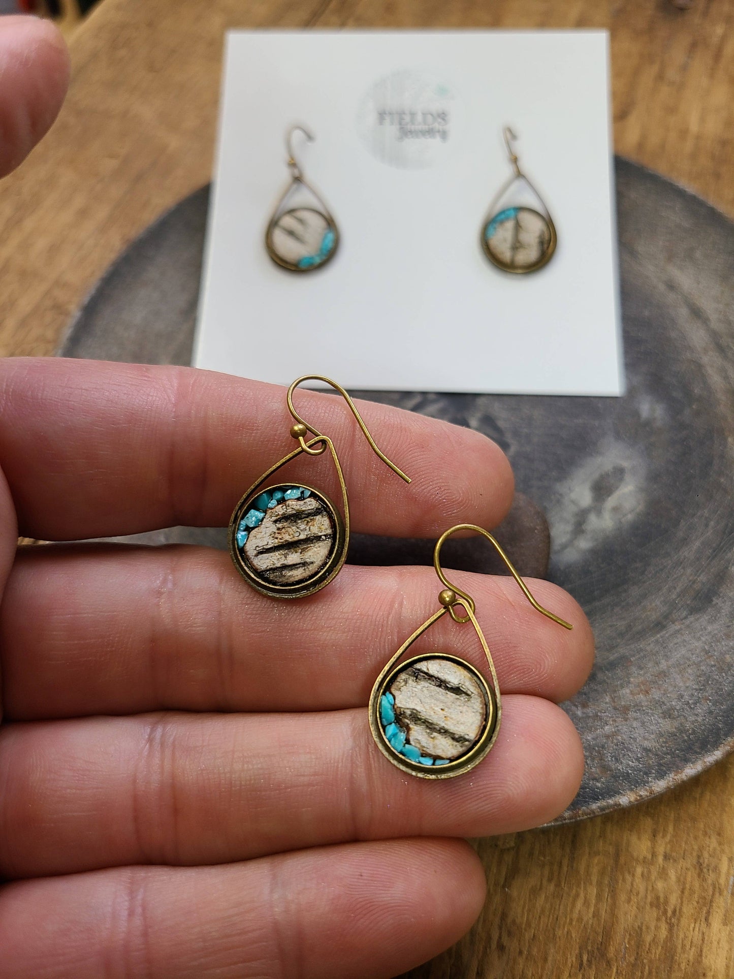 Turquoise Birch Bark Earrings-Rustic Dangle