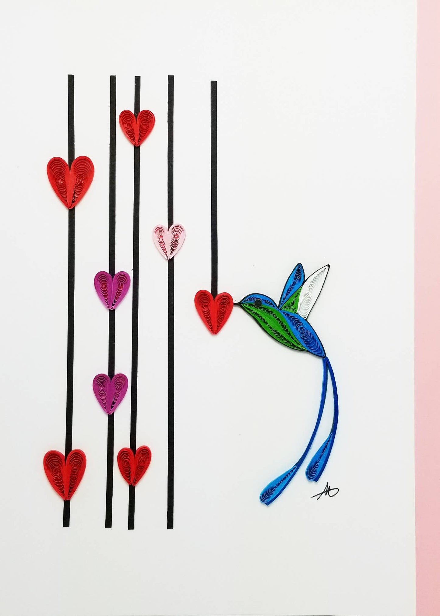 Hummingbird With Hearts Quilled Greeting Card