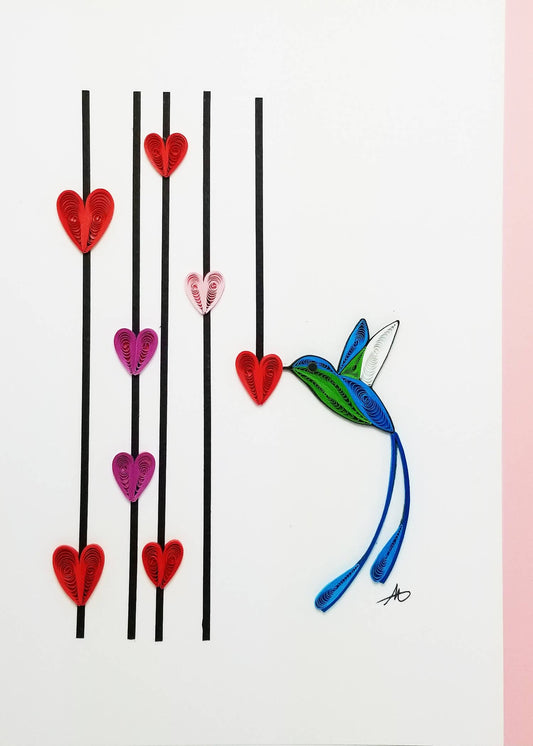 Hummingbird With Hearts Quilled Greeting Card