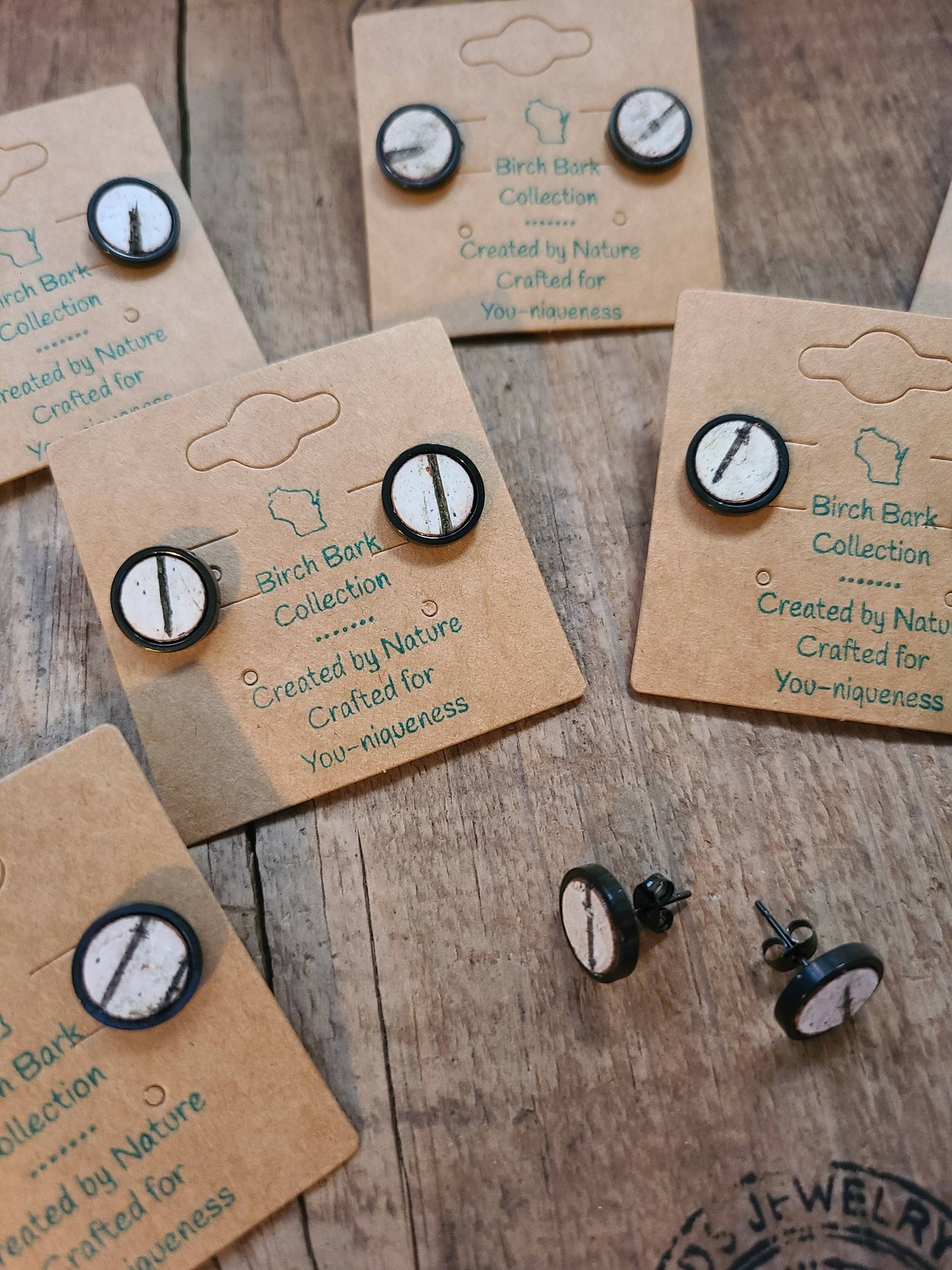 Birch Bark Wood Black Stud Earrings 10mm