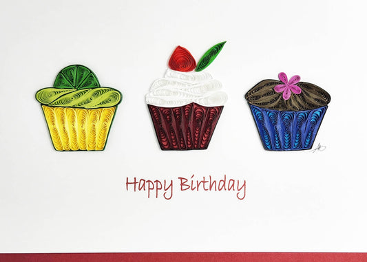 Happy Birthday 3 Cup Cakes  Quilled Greeting Card
