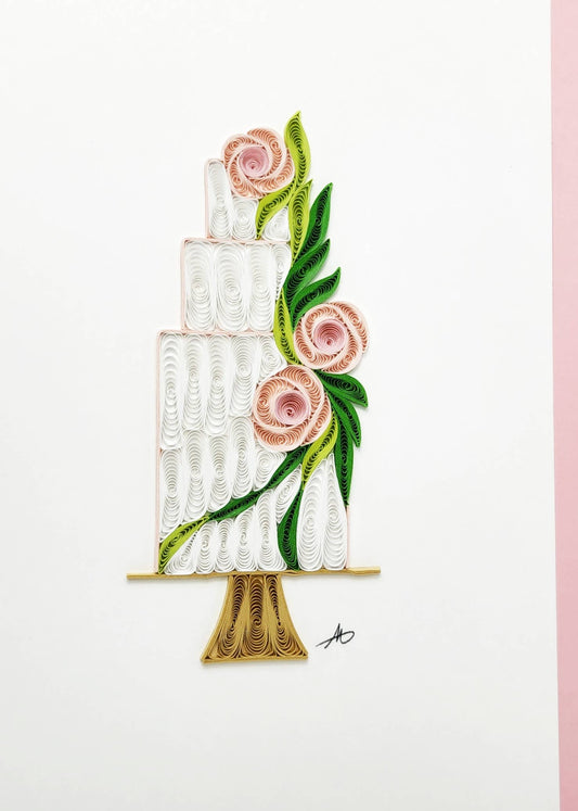 Wedding Cake with Roses Quilled Greeting Card